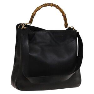 Authentic GUCCI Bamboo Shoulder Bag Leather 2way Black Gold 001 1998 1577